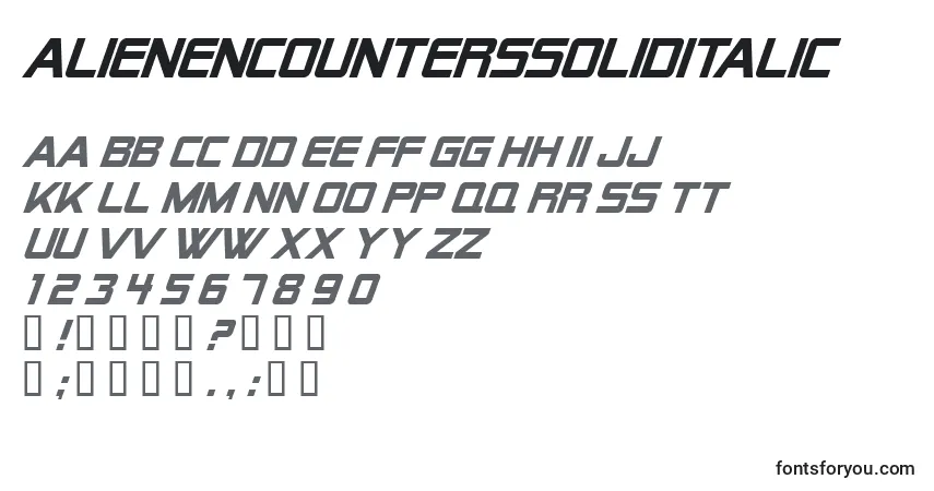 A fonte AlienEncountersSolidItalic – alfabeto, números, caracteres especiais