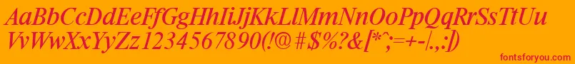 RiccioneSerialRegularitalicDb-Schriftart – Rote Schriften auf orangefarbenem Hintergrund
