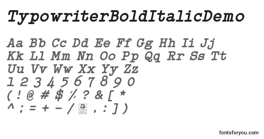 Czcionka TypowriterBoldItalicDemo – alfabet, cyfry, specjalne znaki