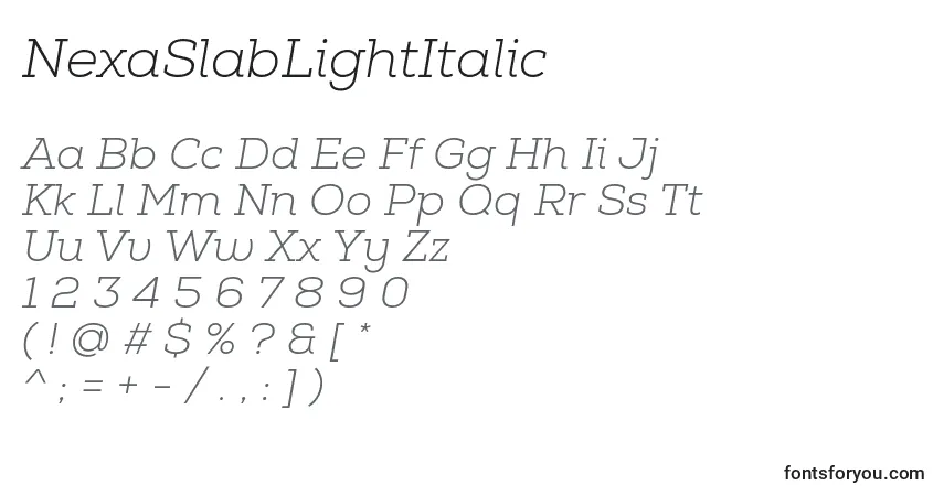 A fonte NexaSlabLightItalic – alfabeto, números, caracteres especiais