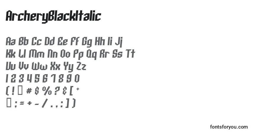 Шрифт ArcheryBlackItalic – алфавит, цифры, специальные символы
