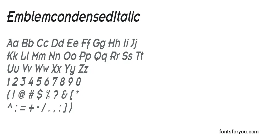 Czcionka EmblemcondensedItalic – alfabet, cyfry, specjalne znaki