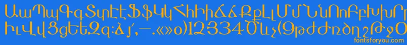 フォントMasis – オレンジ色の文字が青い背景にあります。