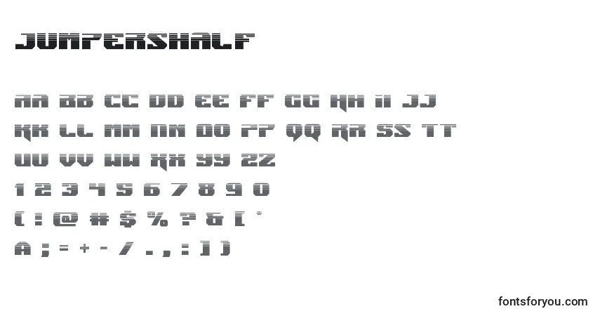 Czcionka Jumpershalf – alfabet, cyfry, specjalne znaki