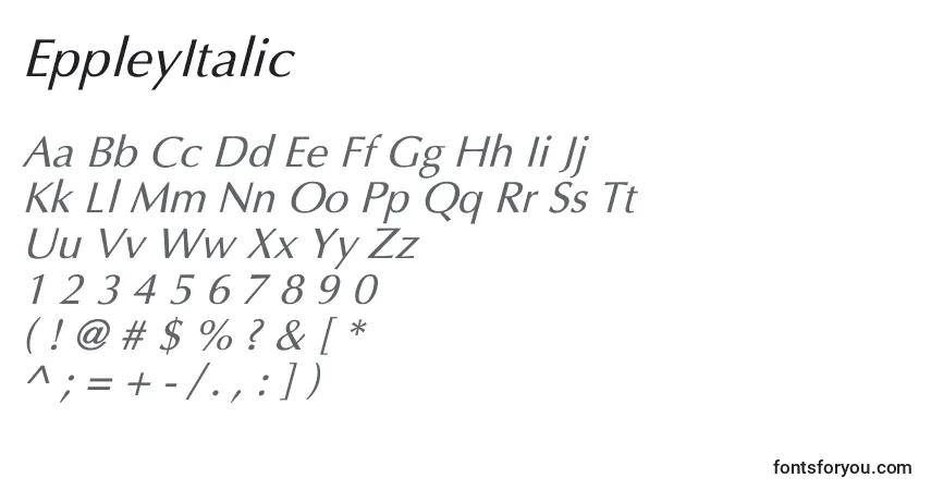 A fonte EppleyItalic – alfabeto, números, caracteres especiais