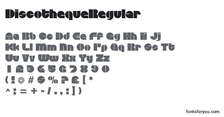 Czcionka DiscothequeRegular – alfabet, cyfry, specjalne znaki