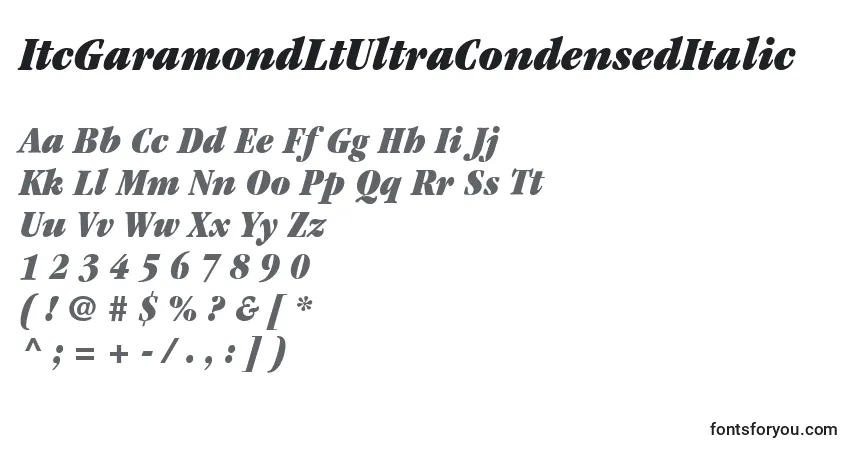 Czcionka ItcGaramondLtUltraCondensedItalic – alfabet, cyfry, specjalne znaki