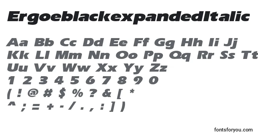 A fonte ErgoeblackexpandedItalic – alfabeto, números, caracteres especiais