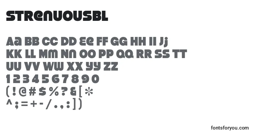 A fonte StrenuousBl – alfabeto, números, caracteres especiais