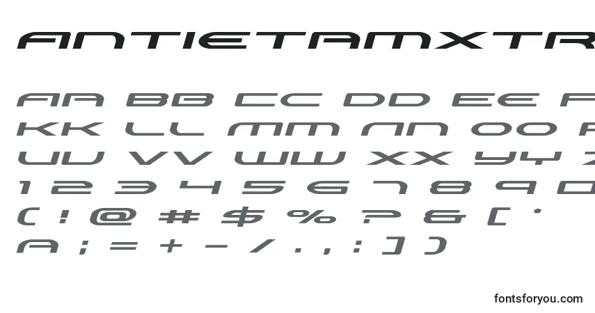 Czcionka Antietamxtraexpandital – alfabet, cyfry, specjalne znaki