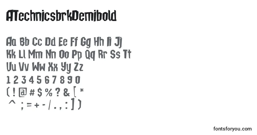 A fonte ATechnicsbrkDemibold – alfabeto, números, caracteres especiais