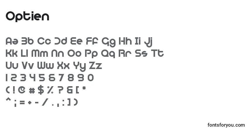 Schriftart Optien – Alphabet, Zahlen, spezielle Symbole