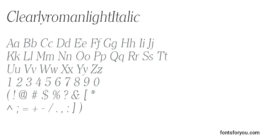 Schriftart ClearlyromanlightItalic – Alphabet, Zahlen, spezielle Symbole