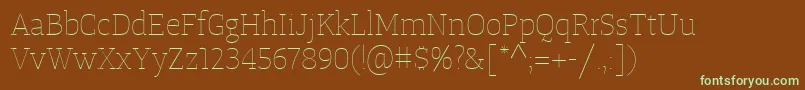 フォントTangerserifmediumulUltralight – 緑色の文字が茶色の背景にあります。
