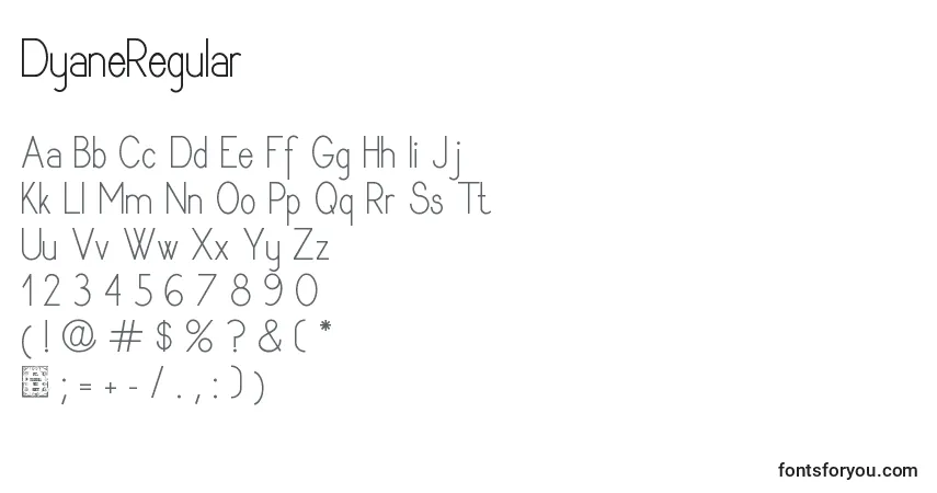 Schriftart DyaneRegular – Alphabet, Zahlen, spezielle Symbole