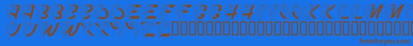 フォントLmsPorpoisePrint – 茶色の文字が青い背景にあります。