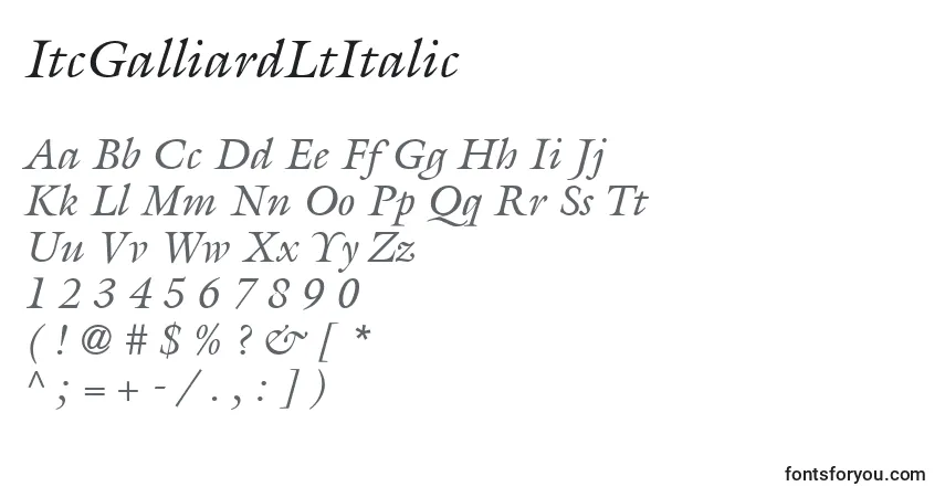 A fonte ItcGalliardLtItalic – alfabeto, números, caracteres especiais