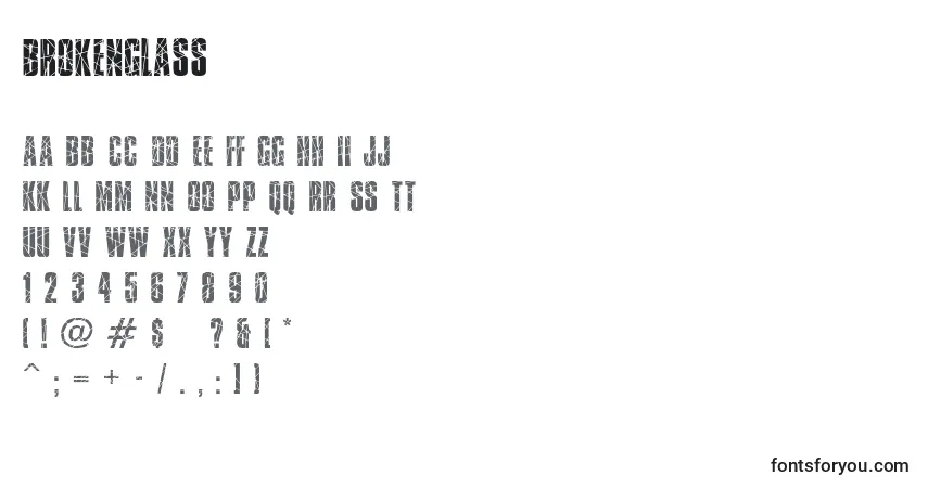 Czcionka Brokenglass – alfabet, cyfry, specjalne znaki