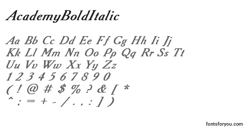 A fonte AcademyBoldItalic – alfabeto, números, caracteres especiais