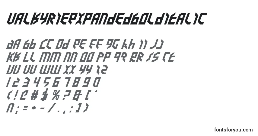 Czcionka ValkyrieExpandedBoldItalic – alfabet, cyfry, specjalne znaki