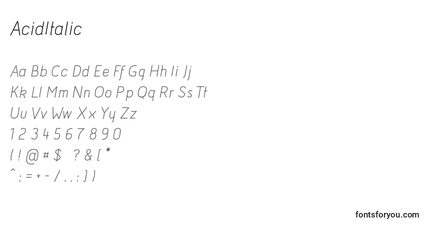 Czcionka AcidItalic – alfabet, cyfry, specjalne znaki