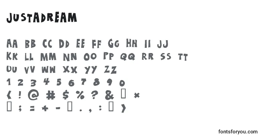 Czcionka Justadream – alfabet, cyfry, specjalne znaki