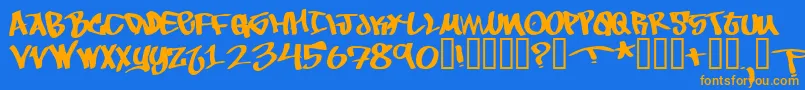 フォントTobec – オレンジ色の文字が青い背景にあります。