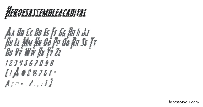 Schriftart Heroesassembleacadital – Alphabet, Zahlen, spezielle Symbole