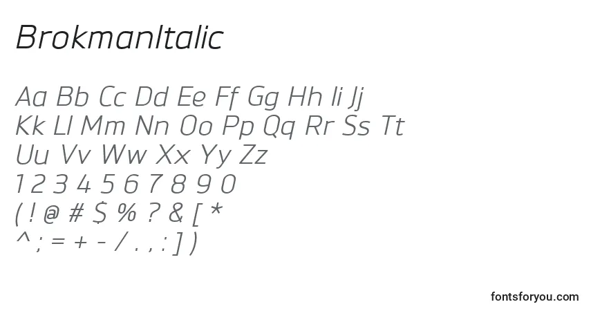 Шрифт BrokmanItalic – алфавит, цифры, специальные символы