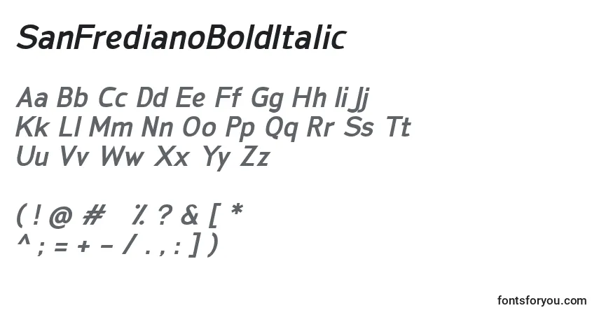 Czcionka SanFredianoBoldItalic – alfabet, cyfry, specjalne znaki