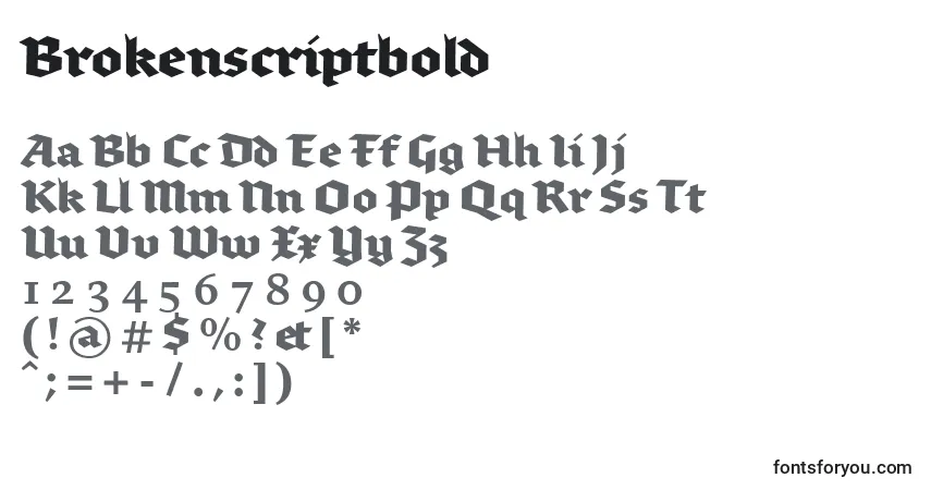 Czcionka Brokenscriptbold – alfabet, cyfry, specjalne znaki