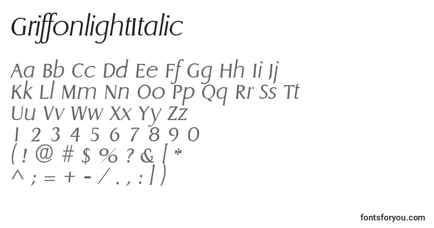 Czcionka GriffonlightItalic – alfabet, cyfry, specjalne znaki