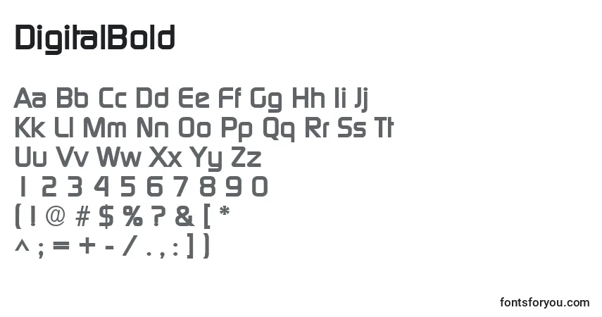A fonte DigitalBold – alfabeto, números, caracteres especiais