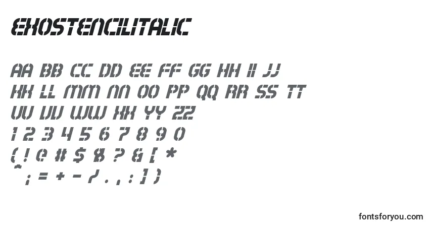 Czcionka ExostencilItalic – alfabet, cyfry, specjalne znaki