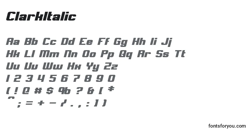 Шрифт ClarkItalic – алфавит, цифры, специальные символы
