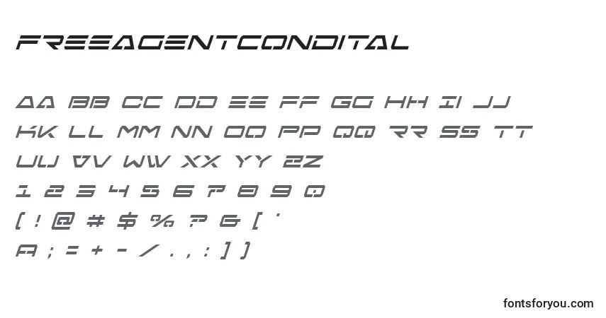Schriftart Freeagentcondital – Alphabet, Zahlen, spezielle Symbole