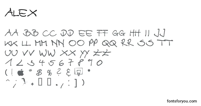Czcionka Alex – alfabet, cyfry, specjalne znaki