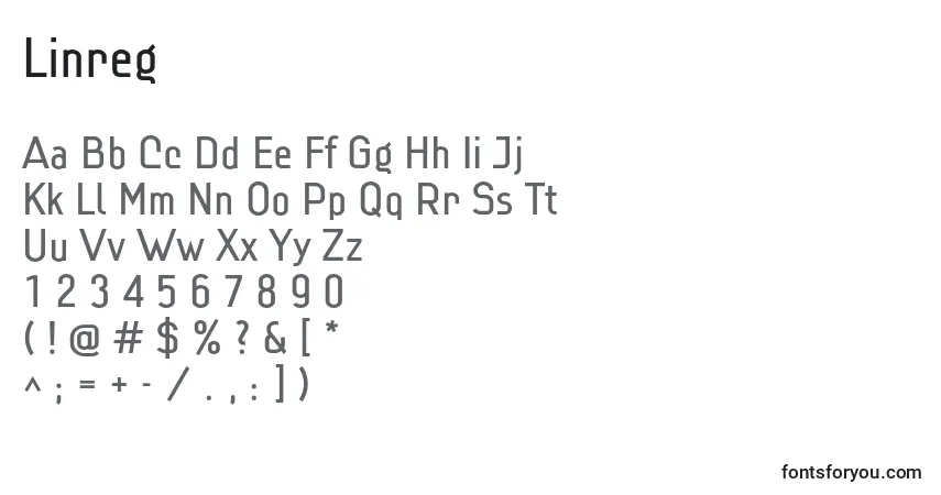 Czcionka Linreg – alfabet, cyfry, specjalne znaki