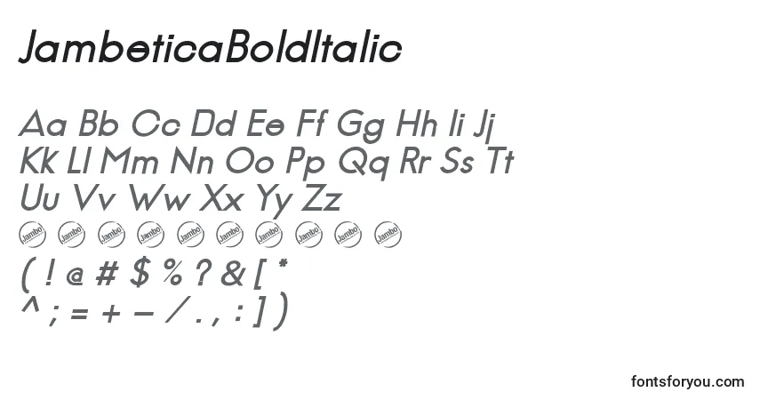 A fonte JambeticaBoldItalic – alfabeto, números, caracteres especiais