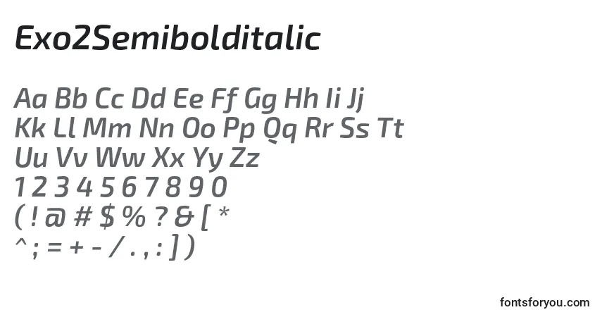 Schriftart Exo2Semibolditalic – Alphabet, Zahlen, spezielle Symbole