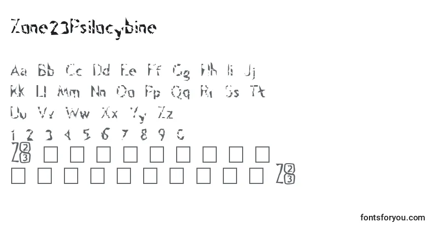 Czcionka Zone23Psilocybine – alfabet, cyfry, specjalne znaki