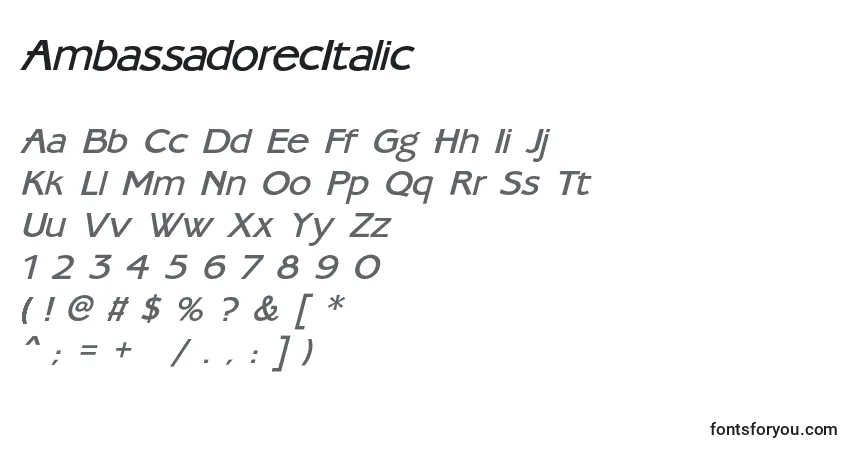 Schriftart AmbassadorecItalic – Alphabet, Zahlen, spezielle Symbole