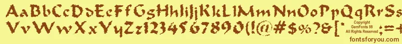 フォントOldoak – 茶色の文字が黄色の背景にあります。