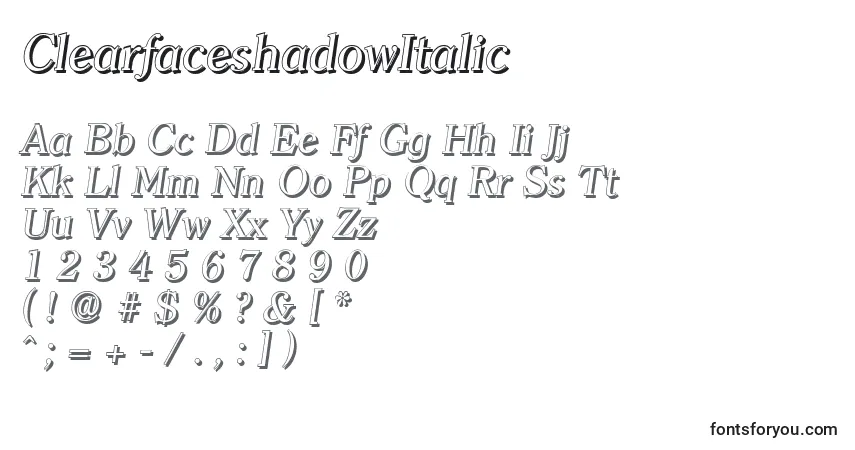 A fonte ClearfaceshadowItalic – alfabeto, números, caracteres especiais