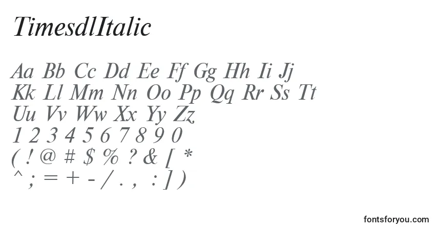 Fuente TimesdlItalic - alfabeto, números, caracteres especiales