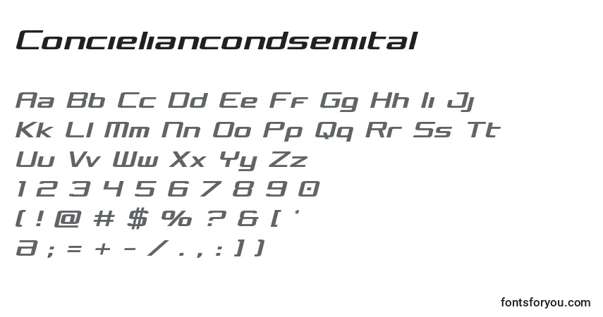 Czcionka Concieliancondsemital – alfabet, cyfry, specjalne znaki