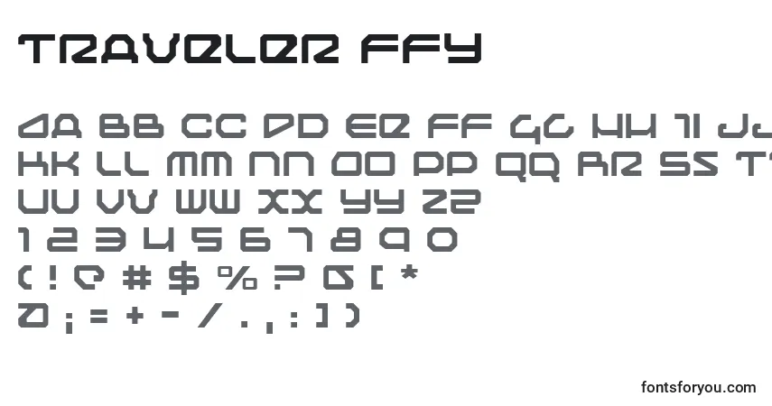 Schriftart Traveler ffy – Alphabet, Zahlen, spezielle Symbole