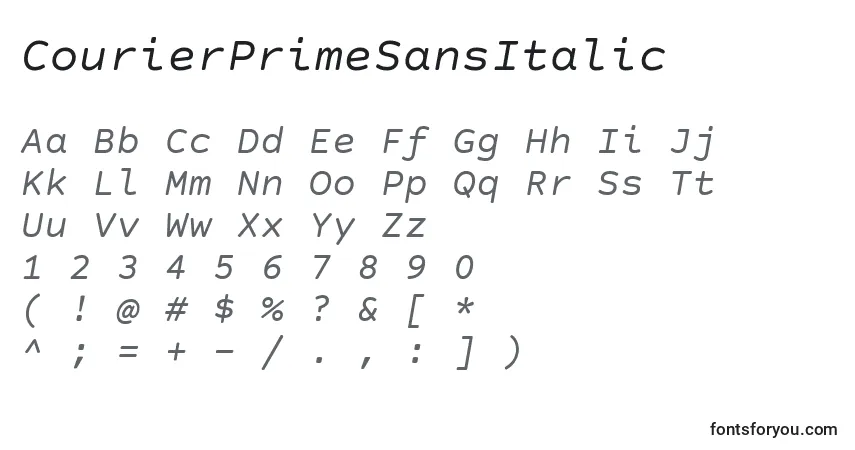 Шрифт CourierPrimeSansItalic – алфавит, цифры, специальные символы