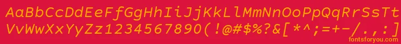 CourierPrimeSansItalic-Schriftart – Orangefarbene Schriften auf rotem Hintergrund