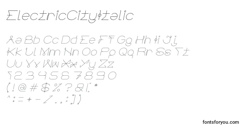 A fonte ElectricCityItalic – alfabeto, números, caracteres especiais